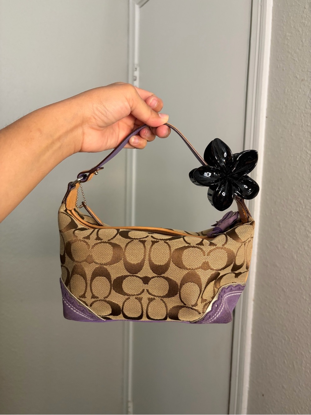 Coach Mini Shoulder Baguette Bag in Signature Canvas with Purple Trim